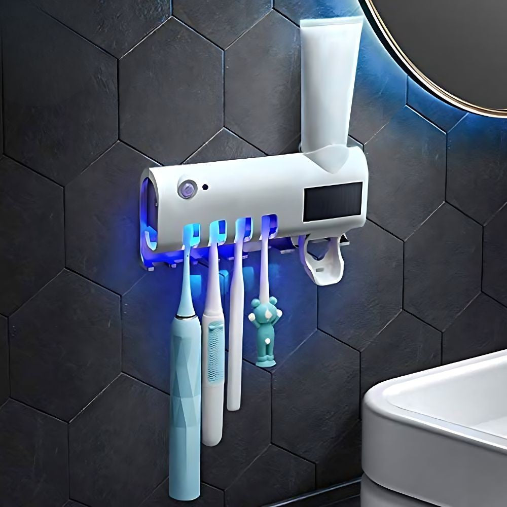 Suporte com dispensador de pasta, porta escovas e esterilizador UV