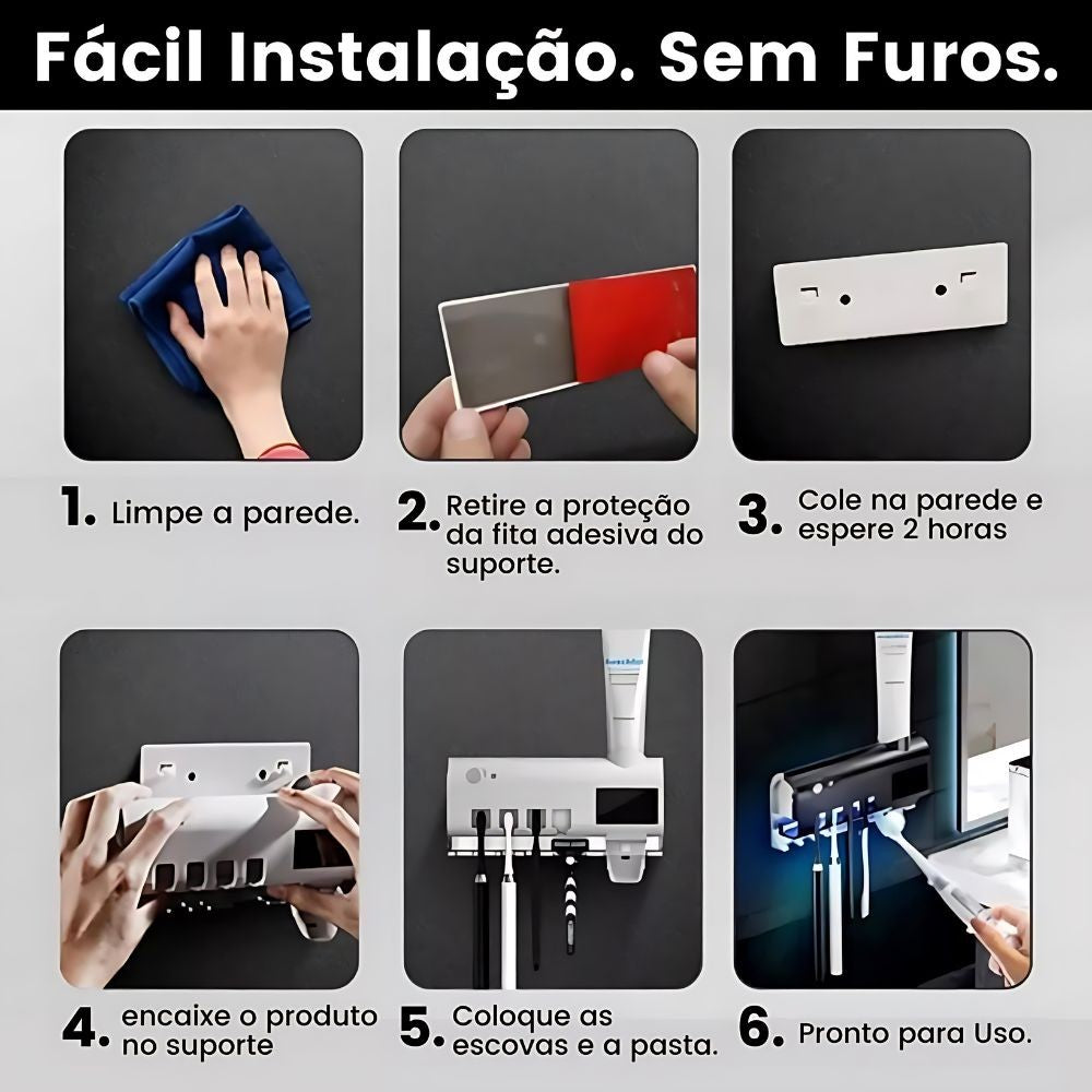 Suporte com dispensador de pasta, porta escovas e esterilizador UV